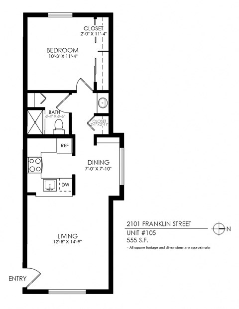Floor plan for 1 bed, 1 bath, 560 sqft
